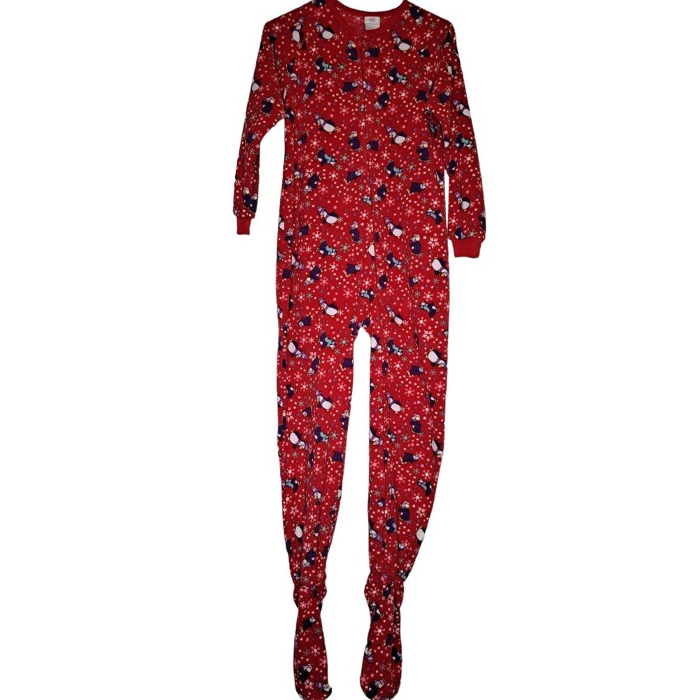 TOTAL GIRL GIRLS FLEECE BLANKET SLEEPER L/G (10/12) RED WITH Penguins